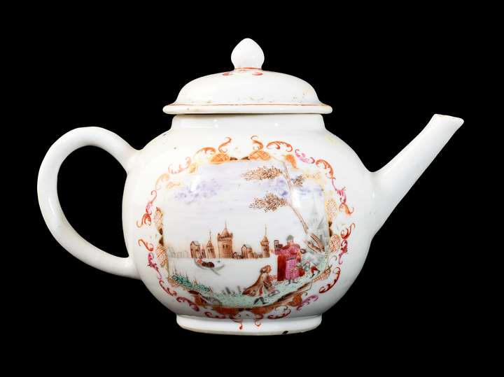 GG: Chinese export porcelain European subject teapot and cover